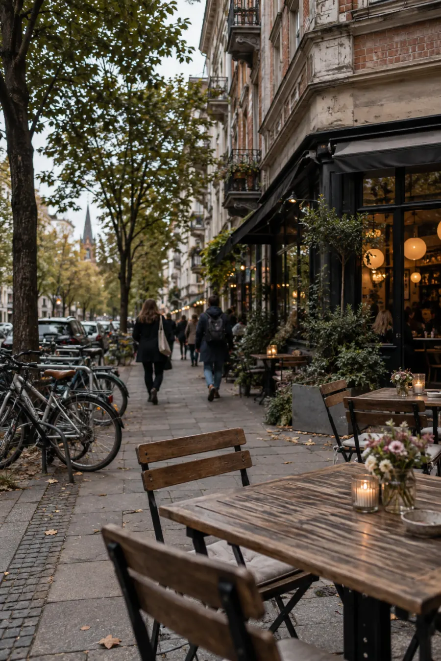 Straßenecke mit Café und Außenplätzen in einem lebendigen Viertel